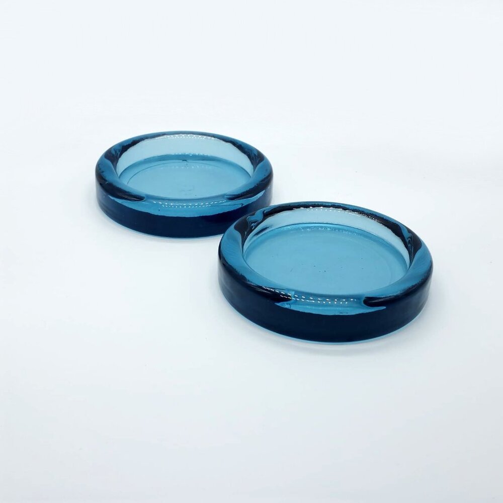 2 Blue Glass Pillar Candle Holders, Coasters, Paperweights, Decor